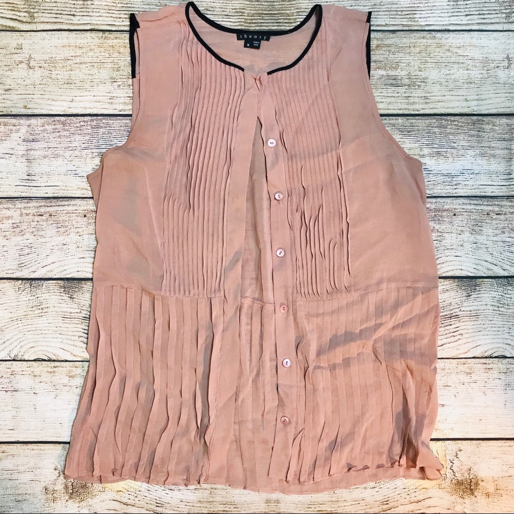 Theory Sleeveless Sheer Pink with Navy Trim Blouse